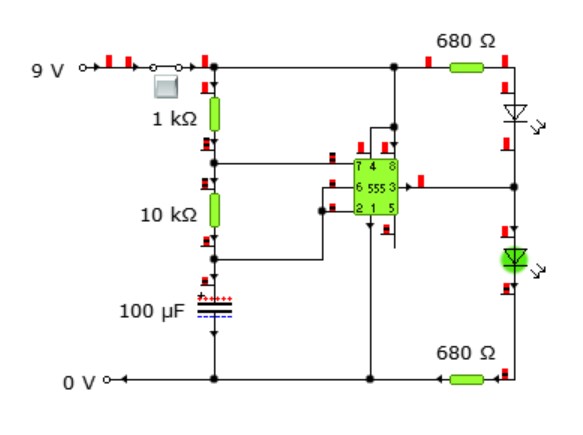 555 astable circuit: resistors and a capacitor set the timing, giving a continuous square wave on pin 3 that flashes two LEDs
