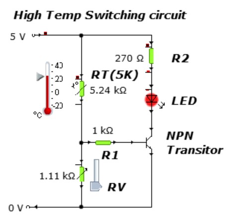 High-temperature transistor switch: thermistor voltage divider feeding an NPN transistor that drives an LED