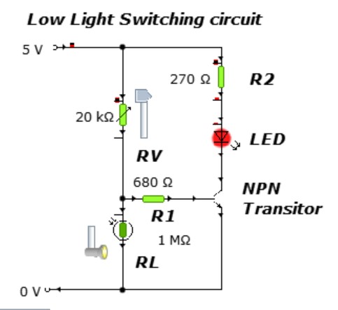 Low-light transistor switch: LDR voltage divider feeding an NPN transistor that drives an LED