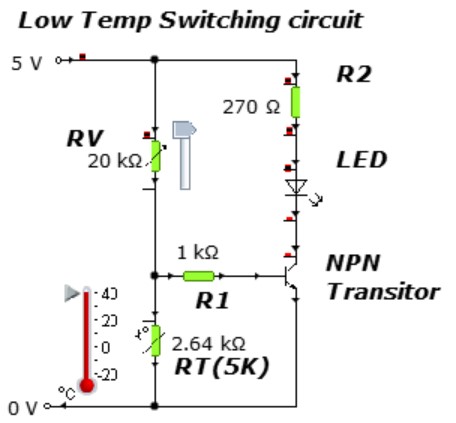 Low-temperature transistor switch: thermistor voltage divider feeding an NPN transistor that drives an LED