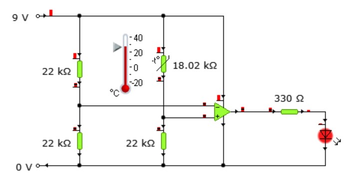 Op-amp comparator: a reference voltage divider and a thermistor sensor divider feed a 741 op-amp that switches an LED
