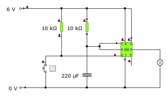 555 monostable circuit: a trigger button makes pin 3 go high for one fixed time set by R and C, lighting a lamp